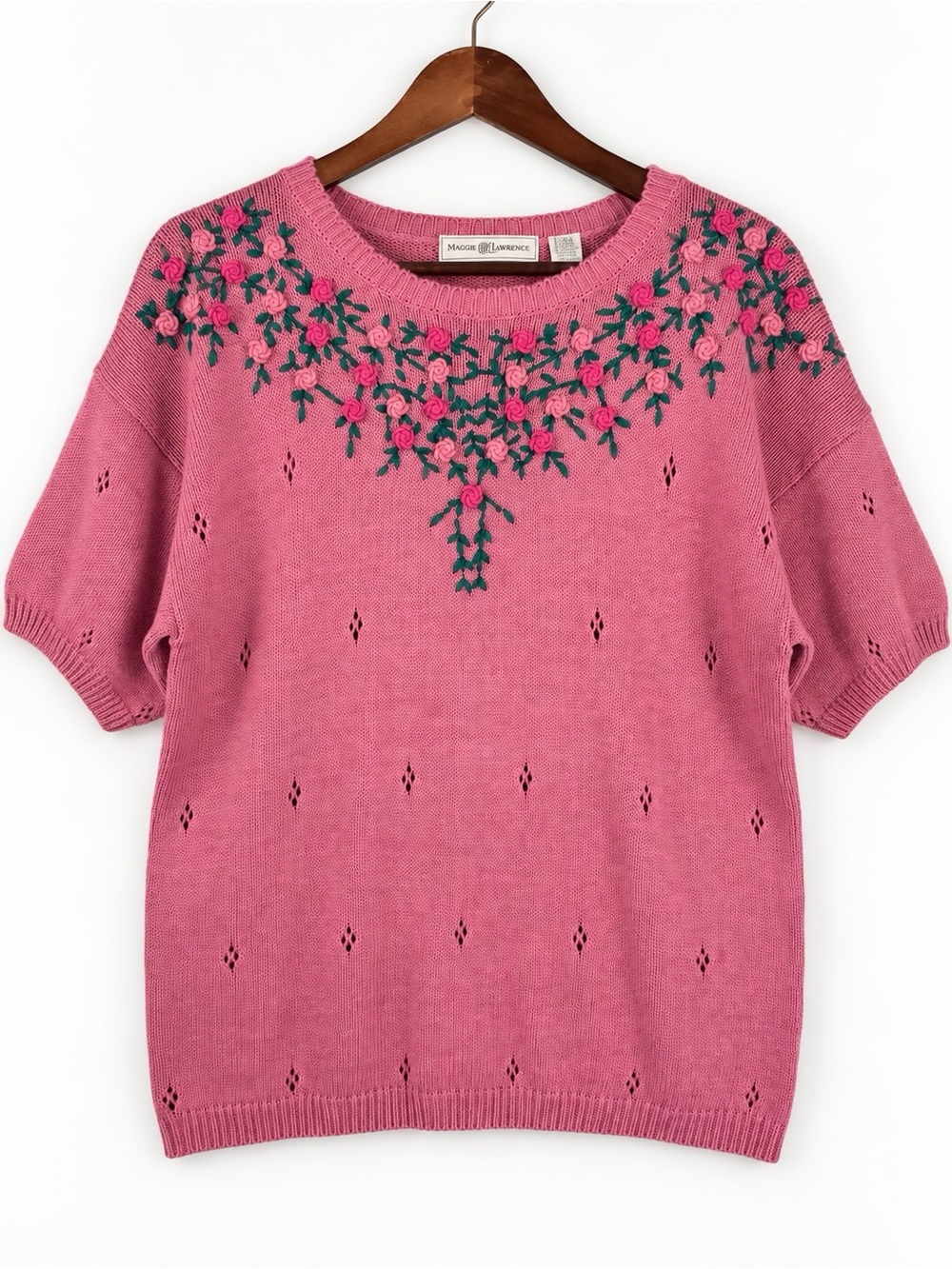 Vintage Pink Floral Embroidered Rose Knit Sweater 18/20 Cottagecore